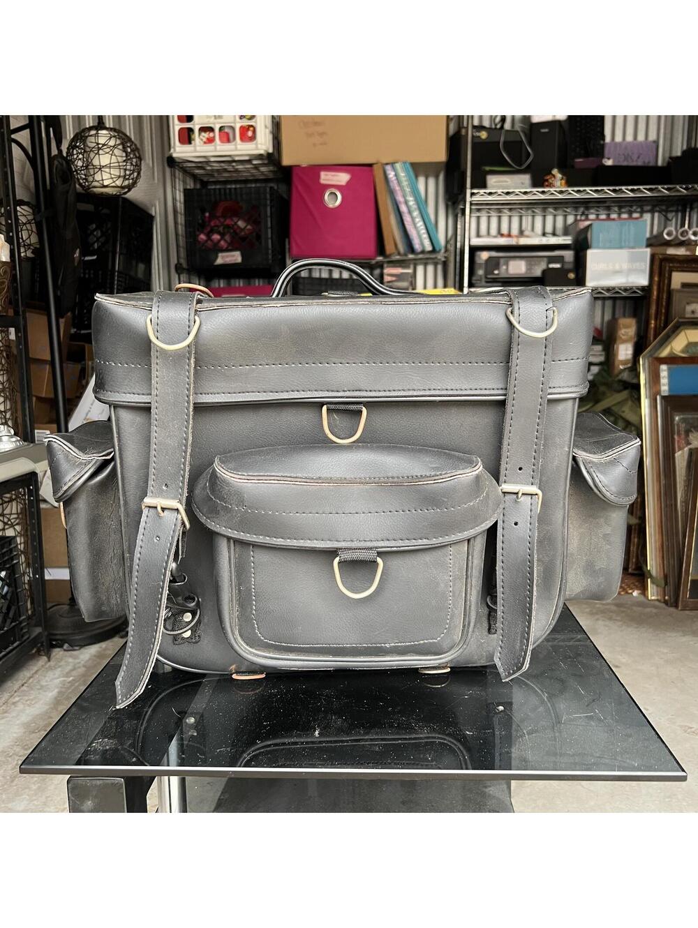 Vintage Black Leather Multi-Pocket Motorcycle Saddle Bag